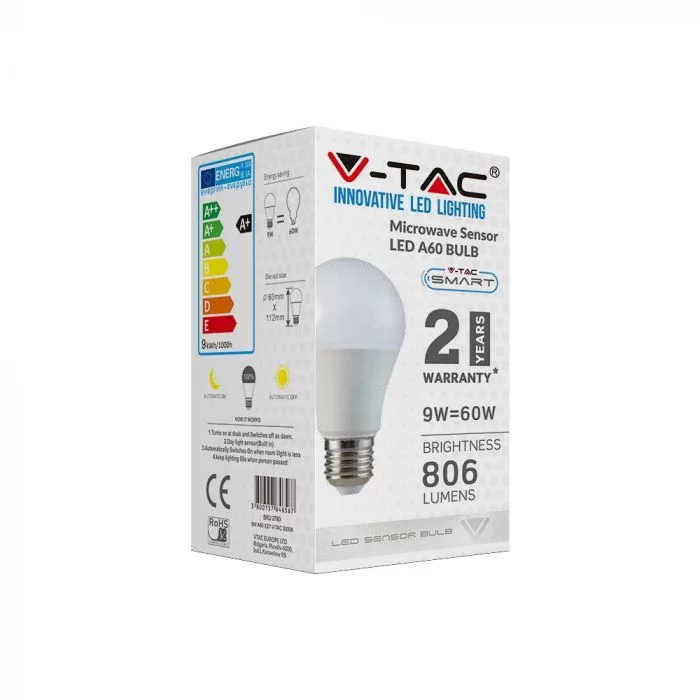 Bec LED 9W E27 A60 senzor microunde alb cald
