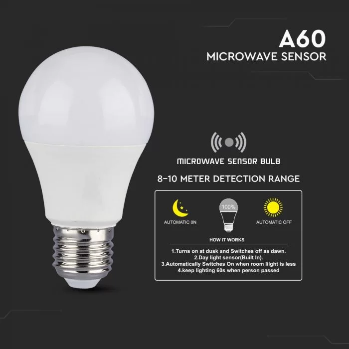 Bec LED 9W E27 A60 senzor microunde alb rece
