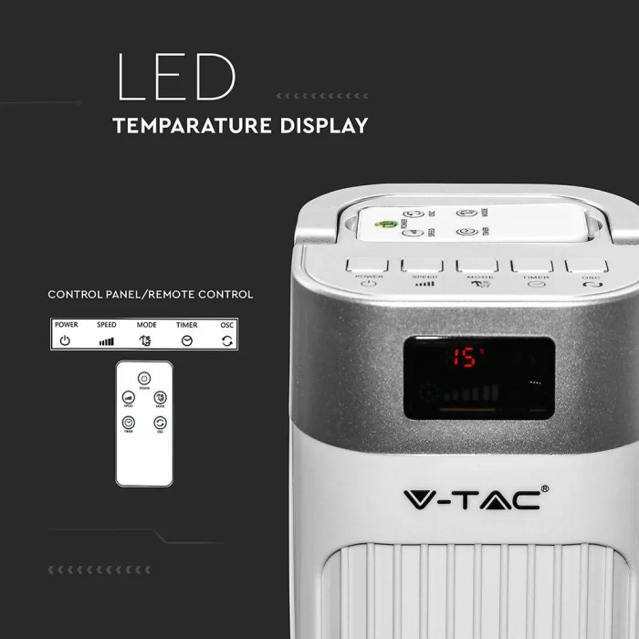 Ventilator vertical LED 55W cu display temperatura si telecomanda 36 Inch alb