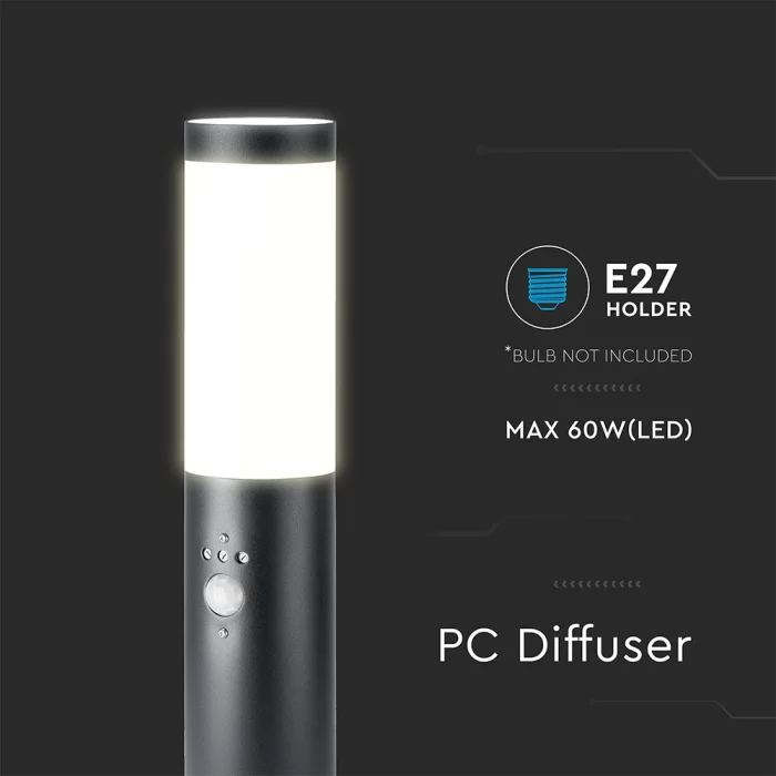 Lampa tip stalp gradina Е27 45CM cu senzor PIR otel inoxidabil neagra IP44