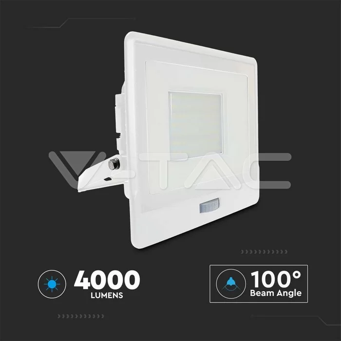 Proiector LED senzor PIR 50W corp alb Chip Samsung conectare etansa Alb rece