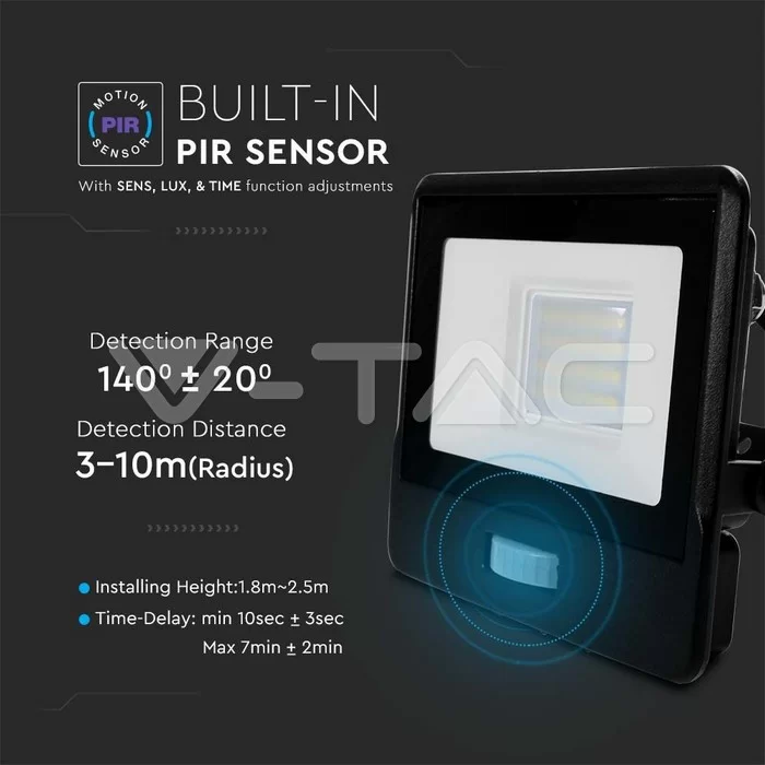 Proiector LED cu senzor PIR 20W corp negru SMD Chip Samsung Alb natural