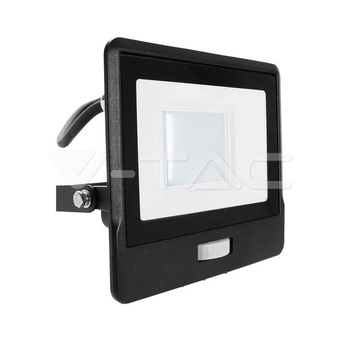 Proiector LED cu senzor PIR 30W corp negru SMD Chip Samsung Alb cald 