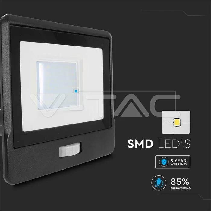Proiector LED cu senzor PIR 30W corp negru SMD Chip Samsung Alb rece