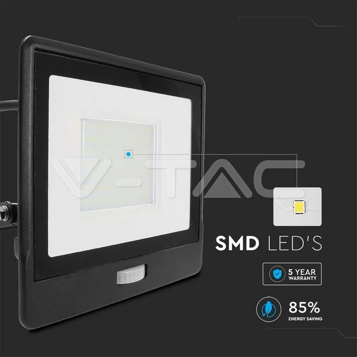 Proiector LED cu senzor PIR 50W corp negru SMD Chip Samsung Alb rece