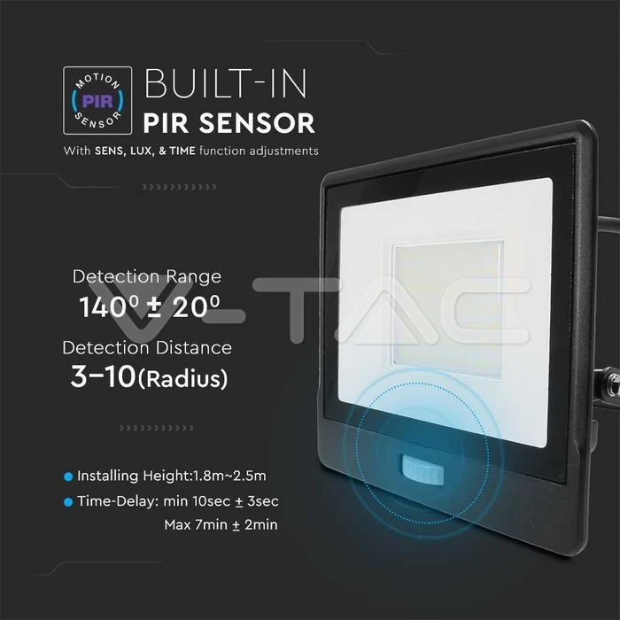Proiector LED cu senzor PIR 50W corp negru SMD Chip Samsung Alb rece