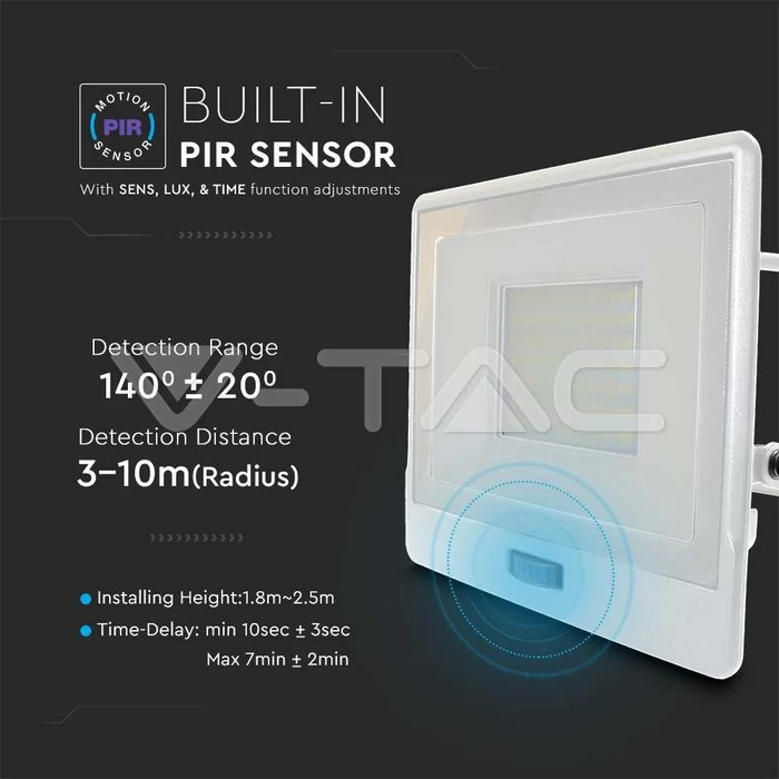 Proiector LED cu senzor PIR 50W corp alb SMD Chip Samsung Alb natural