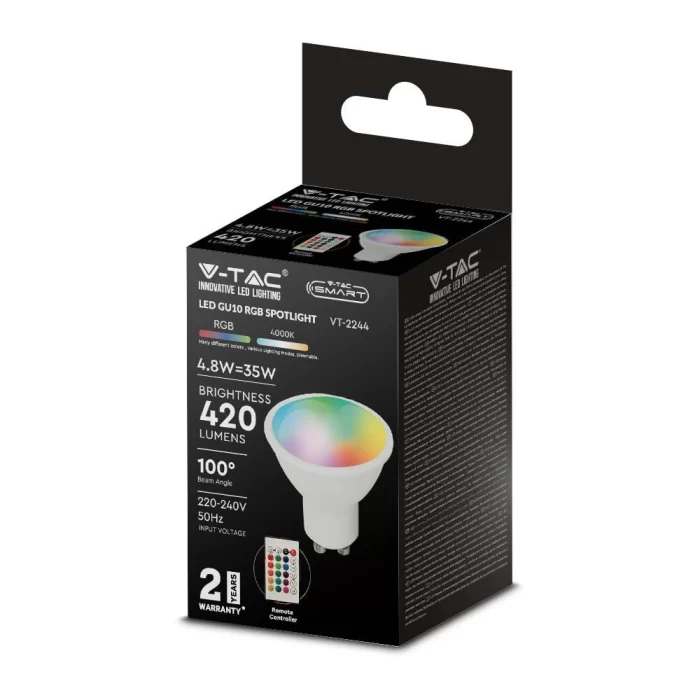 Bec spot LED 5.5W GU10 RGB +alb natural dimabil cu telecomanda RF