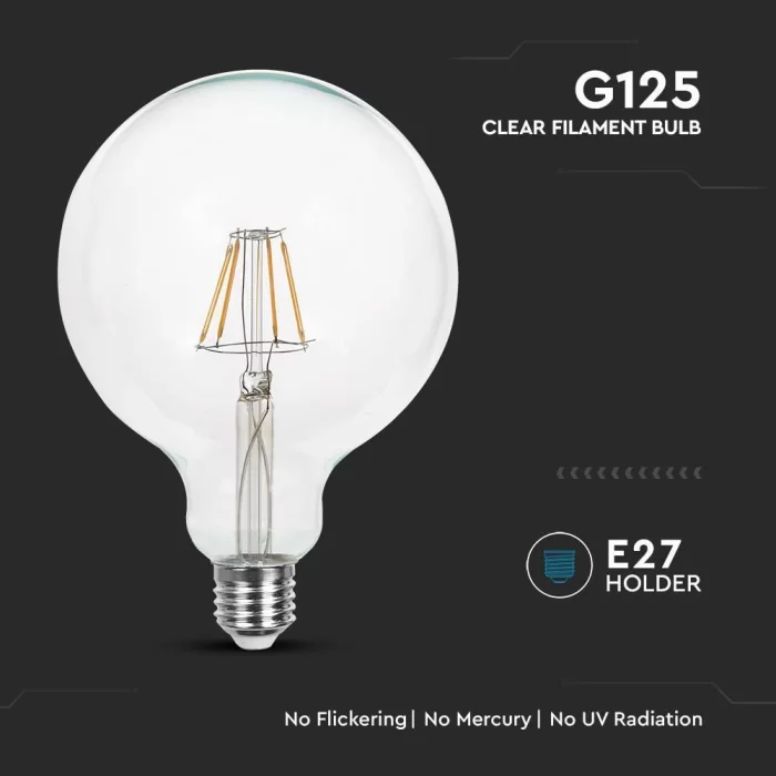 Bec LED filament 6W E27 G125 transparent alb cald