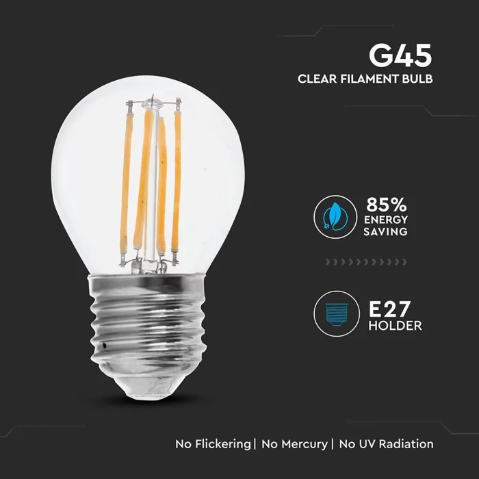 Bec LED filament 6W E27 G45 transparent Alb rece 130 lm/W