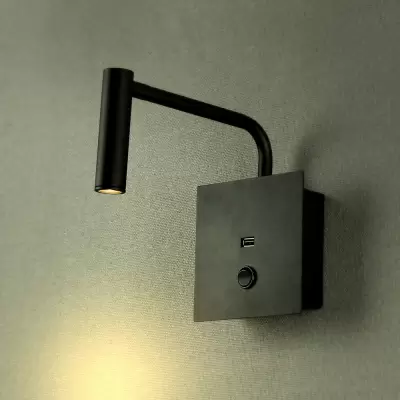 Veioza LED 3W aplicata pentru hotel neagra cu intrerupator si port USB, Alb cald 