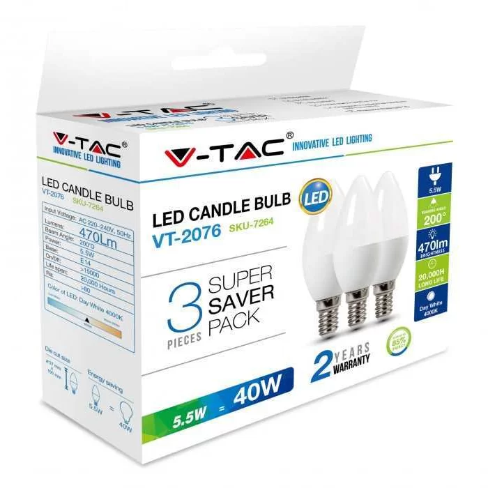 Bec LED 5.5W E14 tip lumanare Alb cald - cutie 3 buc