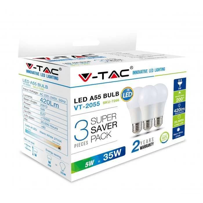 Set bec LED 5W E27 A55 termoplastic Alb cald - 3 buc/cutie