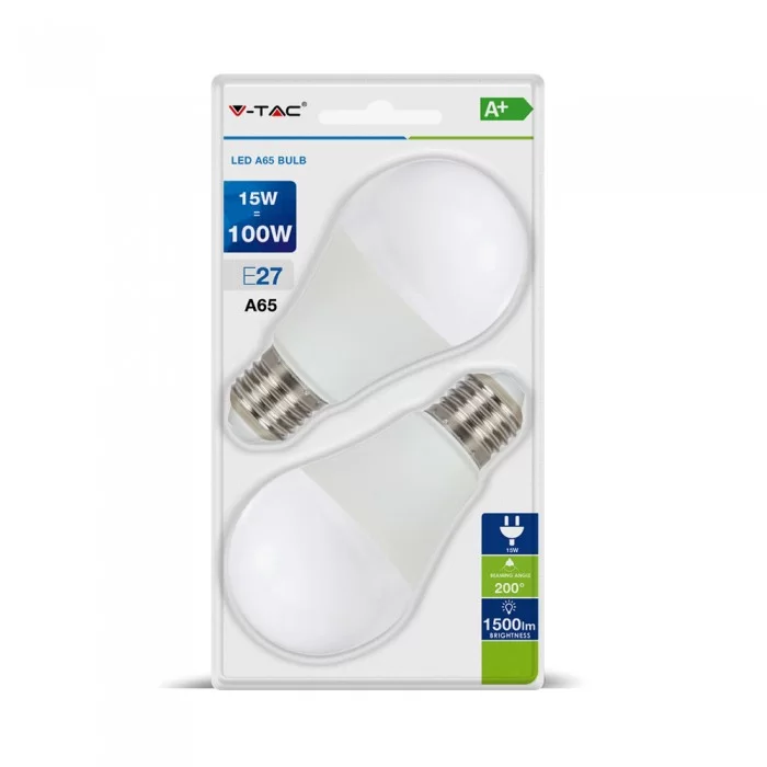 Bec LED 15W E27 A65 termoplastic Alb cald - Blister 2 buc