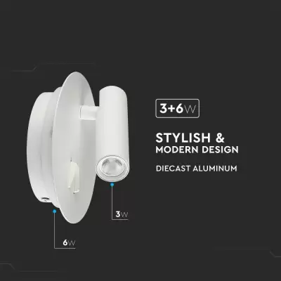 Veioza LED 3+6W aplicata pentru hotel corp alb rotund, Alb cald 