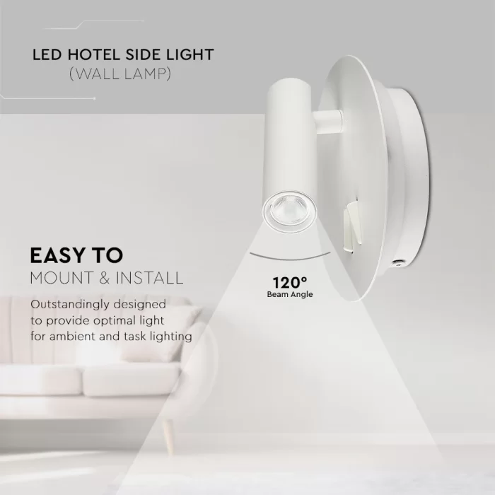 Veioza LED 3+6W aplicata pentru hotel corp alb rotund, Alb cald 
