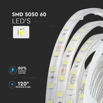 Banda LED SMD 5050 60 LED/metru Alb Rece  IP65