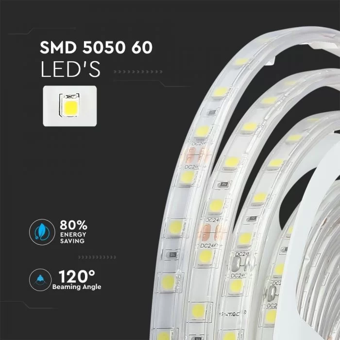 Banda LED SMD 5050 60 LED/metru 24V Alb natural impermeabil IP65